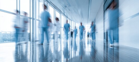 The blurred motion of healthcare professionals in a modern hospital corridor.