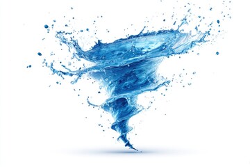 A vibrant blue water vortex, spiraling dynamically against a stark white background, with numerous droplets scattered in its wake