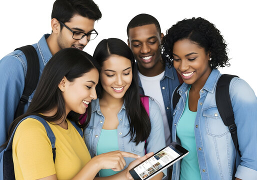 Diverse group of smiling young adults actively engaging with a digital tablet, fostering collaborative learning and shared experiences in a modern educational setting.