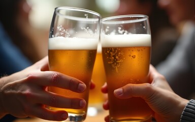 Cheers! Clink glasses. Close-up shots of hands holding beer glasses and beer bubbles. High quality