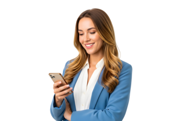Whisking through her digital world with a radiant smile, this professional woman effortlessly connects and manages tasks on her smartphone, embodying modern efficiency.