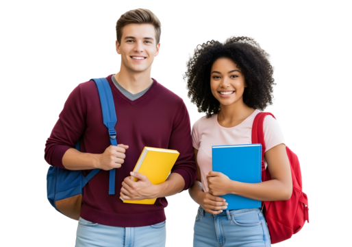 Confident and diverse young students smile brightly, symbolizing a promising academic future and positive educational journey. Embracing learning and growth together.