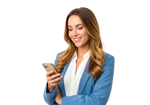 Whisking through her digital world with a radiant smile, this professional woman effortlessly connects and manages tasks on her smartphone, embodying modern efficiency.