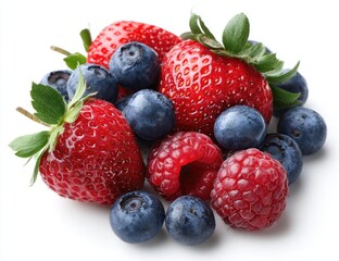 Obraz premium A vibrant cluster of ripe strawberries, blueberries, and raspberries, showcasing their natural color and freshness against a stark white background