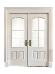 Obraz premium An open white wooden house entrance door with a glass pane isolated on a white background