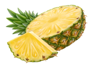 Fresh pineapple half and slice with green leaves on black background