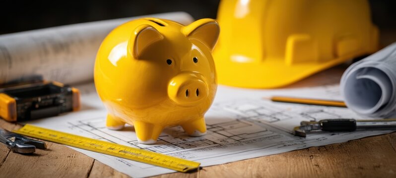 The yellow piggy bank on construction plans for financial planning and investment.
