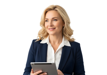 Confident blonde businesswoman with a visionary outlook, thoughtfully holding a digital tablet, ready to lead and innovate in the modern professional world.