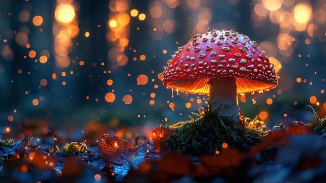 Red toadstool glows in magical forest