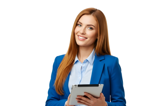 Confident young professional woman in a stylish blue blazer, smiling warmly while holding a digital tablet, embodying modern business communication and success with technology.