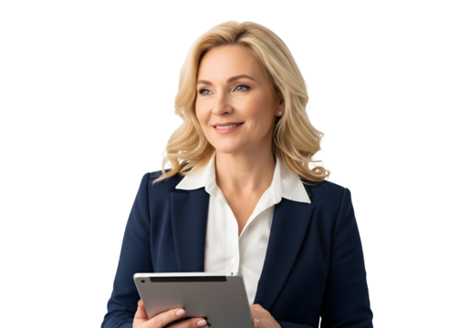 Confident blonde businesswoman with a visionary outlook, thoughtfully holding a digital tablet, ready to lead and innovate in the modern professional world.