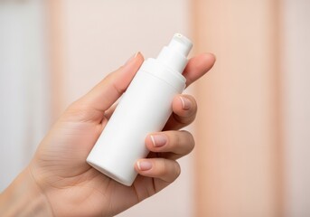 Blank white spray bottle held in hand against peach backdrop perfect for product presentation and beauty mockup