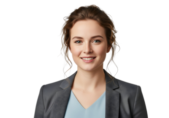 Professional and friendly young woman in business attire, beaming with a confident smile, perfect for corporate profiles and positive brand representation.