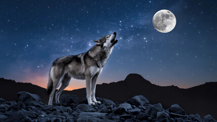Fototapeta premium A lone wolf howls at the moon under a stunning starry night.