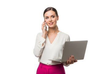 Smiling professional woman expertly manages a phone conversation while holding a sleek laptop, embodying modern business communication and efficient digital workflow.