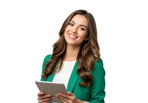 Happy young business professional woman smiling brightly while confidently holding a modern digital tablet, ready for her next task and demonstrating digital proficiency.
