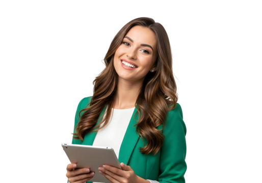 Happy young business professional woman smiling brightly while confidently holding a modern digital tablet, ready for her next task and demonstrating digital proficiency. - Powered by Adobe