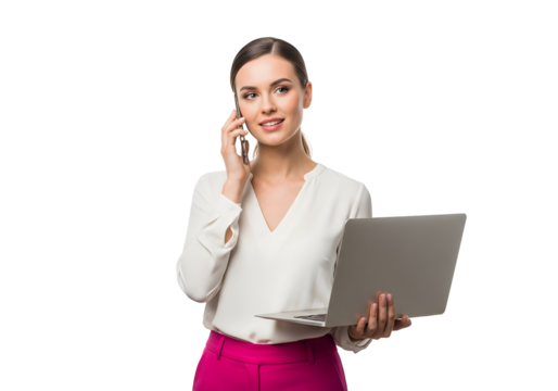 Smiling professional woman expertly manages a phone conversation while holding a sleek laptop, embodying modern business communication and efficient digital workflow.