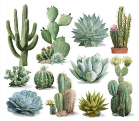 A vibrant collection of various cacti and succulents, showcasing diverse shapes, sizes, textures, and subtle bloom variations against a clean white backdrop