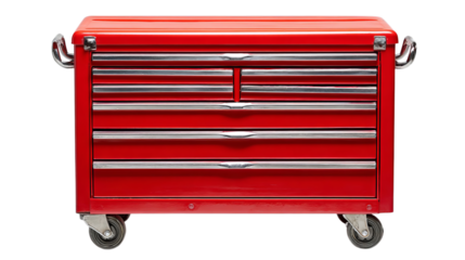 Png of Red tool chest on wheels with multiple drawers, perfect for organizing tools and workspace.