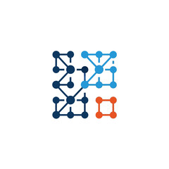 Abstract technology network logo with connected dots in blue and red.