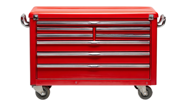 Png of Red tool chest on wheels with multiple drawers, perfect for organizing tools and workspace.