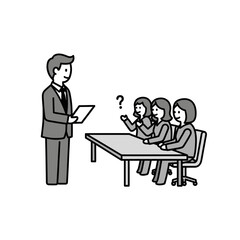 A man in a suit presents to three women at a table, one of whom has a question mark, depicting a business meeting or interview.