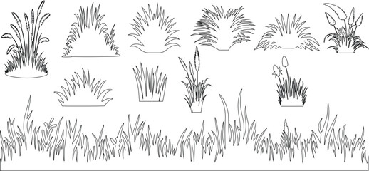 Plant elevation line silhouettes outline - grass, shrub, tree big set vector illustration