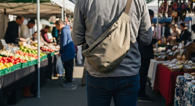 A person with a bag standing and observing a bustling outdoor market scene.