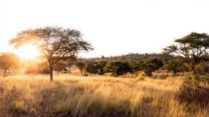 Obraz premium Golden hour light illuminating african savanna landscape with trees and grass