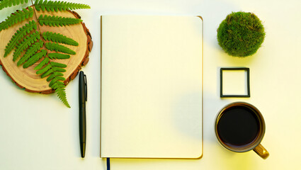 Blank Notebook with Fern Coffee and Moss for Creative Inspiration and Sustainable Living Concept Flat Lay Top View Minimalist Workspace Design for Writers Artists and Nature Lovers