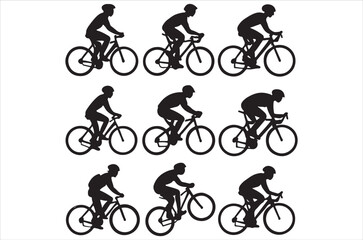 Obraz premium Cycling Silhouette Icon Set. Cycling Silhouette Bundle. Bicycle Rider Silhouette Collection. Cyclist Vector Silhouette Set. illustration, icon, vector art, bicycle player, a withe background. 
