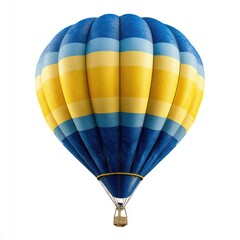 Naklejka premium A vibrant hot air balloon, predominantly blue and yellow, with horizontal stripes, floats against a stark white background. Its woven basket is visible below