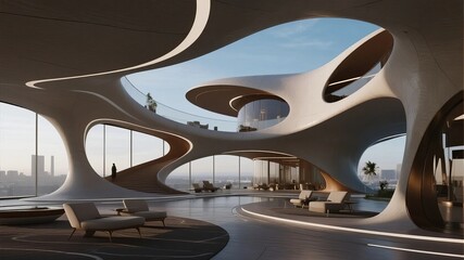 Fototapeta premium Modern Architectural Interior with Organic Curves and City View
