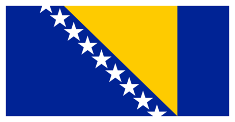 Transparent PNG file of vector graphic of the Bosnian flag. Comprised of a blue background with a yellow triangle and nine stars