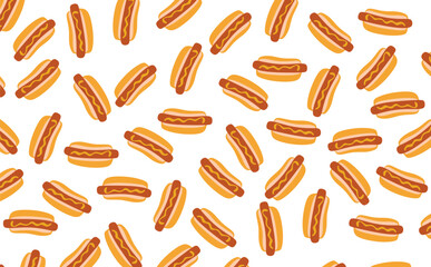 Hotdog Seamless Pattern. Tasty Fast Food Vector on Transparent Background. Repeating Fast Food Pattern for Wrapping and Fabric
