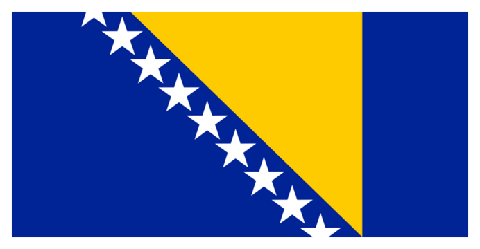 Transparent PNG file of vector graphic of the Bosnian flag. Comprised of a blue background with a yellow triangle and nine stars