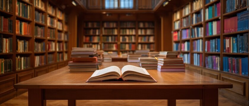 The open book on a polished table in a grand library setting.