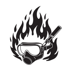 Burning scuba mask depicting danger and adventure in a monochrome vector illustration