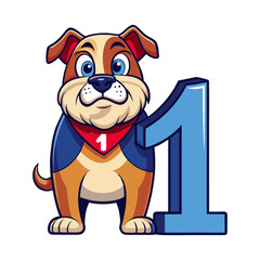 Playful Bulldog Number One Character Illustration for Kids, Fun Educational Number Art, Children’s Book Design, Cute Cartoon Dog Vector