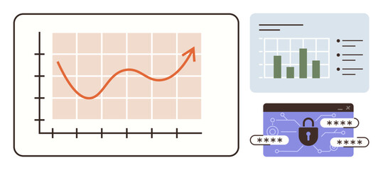 Line graph with upward trend, bar chart comparing values, secure digital lock with password symbols. Ideal for data security, analytics, business growth, cybersecurity, finance, technology simple