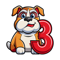 Playful Bulldog Character with Number Three | Cute Dog Cartoon Illustration for Kids Learning, Nursery, Preschool Education, Children’s Book Design