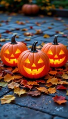 Three illuminated jack o' lanterns sit on a stone path surrounded by fallen autumn leaves