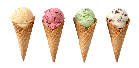 ice cream cone set natural flavor strawberry butterscotch vanilla dark chocolate pistachio nut yellow mango white colorful row transparent isolated background image one small scope dessert sweet food