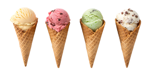 ice cream cone set natural flavor strawberry butterscotch vanilla dark chocolate pistachio nut yellow mango white colorful row transparent isolated background image one small scope dessert sweet food