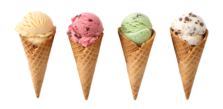 ice cream cone set natural flavor strawberry butterscotch vanilla dark chocolate pistachio nut yellow mango white colorful row transparent isolated background image one small scope dessert sweet food