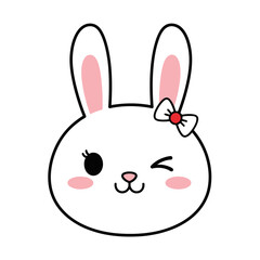 Cute kawaii white bunny rabbit with pink bow and blush