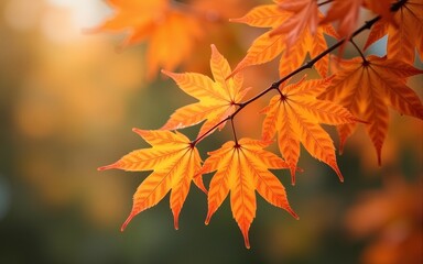 Orange maple leaves on a branch with bokeh in the background. High quality