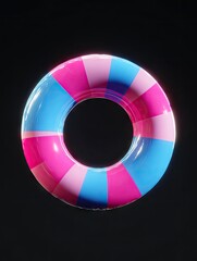 Obraz premium A vibrant pink and blue striped inflatable ring, isolated on a black background, showcasing a glossy finish and playful design