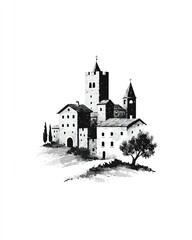 Obraz premium medieval castle logo design ancient fortress on hill vector emblem black on white, strong minimal branding identity